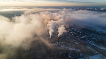 Fototapeta premium metallurgy. Aerial view of an industrial plant at dawn, with smoke creating a hazy, atmospheric landscape. safety posters.
