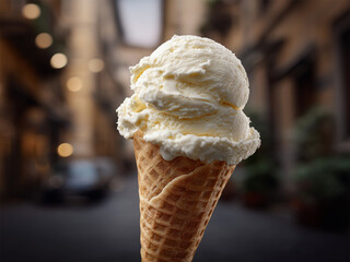 Vanilla gelato in the crispy waffle cone in the city background.