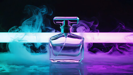 Perfume Bottle with Colorful Smoke and Neon Lights