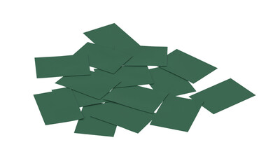 Pile of green business cards scattered on a white background