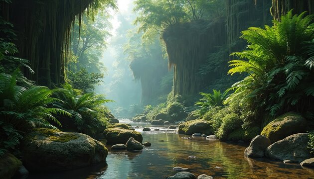 Rich prehistoric forest with ferns and scale trees surrounds calm river. Ancient jungle landscape has hanging vines and mossy rocks. Sunlight streams through dense green foliage.