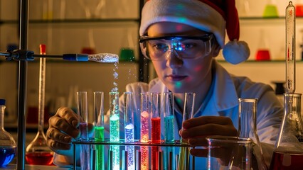 Young scientist in Santa hat conducting colorful chemical experiment in laboratory, concept for holiday science project, festive education presentation and seasonal research