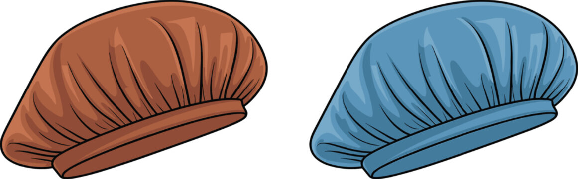 Two isolated brown and blue satin shower caps, bonnet sleeping hair protection vector illustration, beauty salon accessory