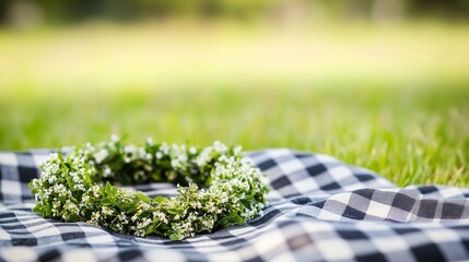 woodruff. Spring picnic scene with a woodruff flower wreath on a checkered blanket outdoors. lifestyle magazines, social media lookbooks, designed for influencer and brand collaborations.