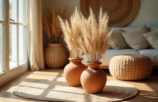 Interior scene with terracotta vases holding dried pampas grass. Natural light streams through a window, illuminating woven rug and sofa with cushions. Relaxed boho decor.