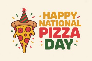 Celebrate with a festive pizza illustration for National Pizza Day filled with joy and fun. National Pizza Day, Pizza Pie Day, Great American Pizza Bake
