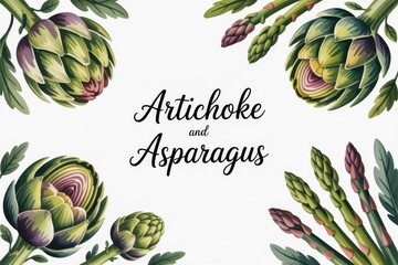 Elegant white greeting card featuring artichoke and asparagus with beautiful floral accents perfect for any celebration or gathering. Artichoke and Asparagus Month