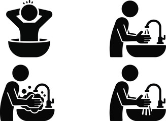 A series of four stick figures demonstrates the proper sequence for washing hands thoroughly