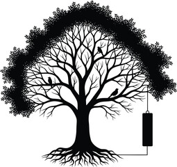 Silhouette tree with birds and hanging luggage vector illustration eps