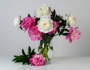 Delicate bouquet of fresh peonies in full bloom, close-up floral composition with soft, lush petals and pastel tones. Elegant, romantic and natural aesthetic perfect for wedding designs, greeting card