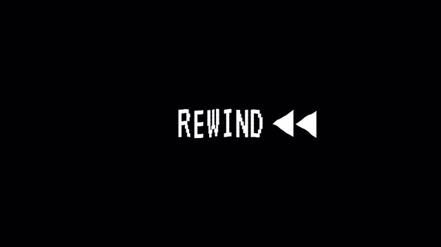 Black screen with the white word rewind and arrows suitable for video editing, media production, virtual reality, technology presentations.