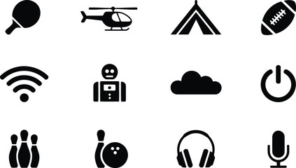 A varied collection of black silhouette icons representing sports, technology, and outdoor activities on white