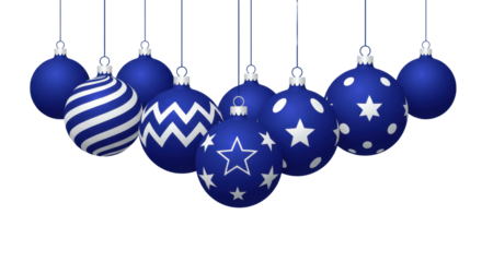 flat vector illustration of cobalt blue christmas baubles, detailed with white geometric patterns (stripes, stars), suspended by silver hooks, isolated on a white banner layout with extensive copy