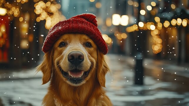 Dog wearing a red hat with snow. - Powered by Adobe