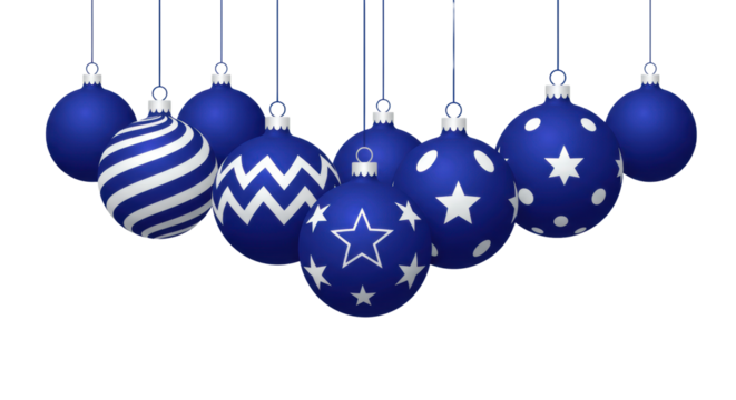 flat vector illustration of cobalt blue christmas baubles, detailed with white geometric patterns (stripes, stars), suspended by silver hooks, isolated on a white banner layout with extensive copy - Powered by Adobe