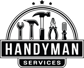 Black and white handyman services logo with various construction and repair tools