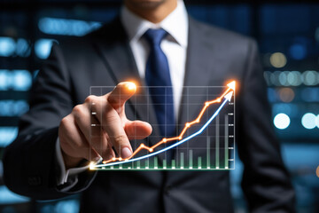 Business growth concept man pointing at financial chart showing increasing trend in stock market profit at night