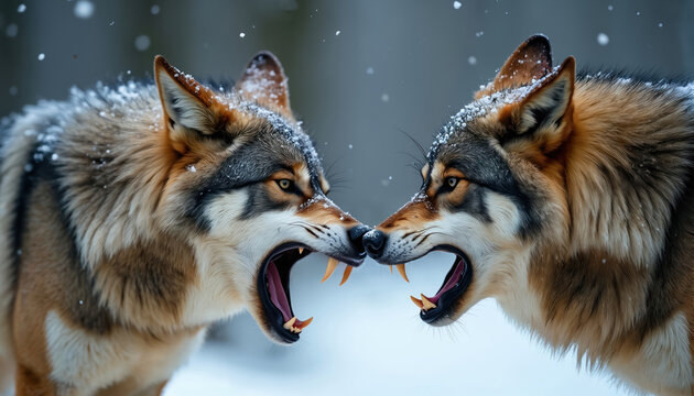 Two wolves confront each other with open mouths and bared teeth. Snow falls around them in a winter forest setting. Their intense stare suggests a primal power struggle between two wild animals.