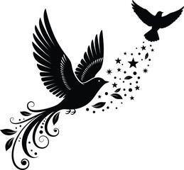 Flying birds silhouette vector illustration with stars and leaves art eps