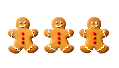 Gingerbread man cookies decorated with icing and red buttons isolated on a transparent background