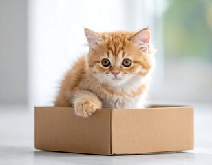 Adorable ginger kitten perched inside a plain brown cardboard box