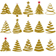 Obraz premium Fifteen varied gold minimalist line art christmas tree icons with red star toppers, floating flat lay above a transparent backdrop, simulating metallic pencil texture. Concept of sophisticated holiday