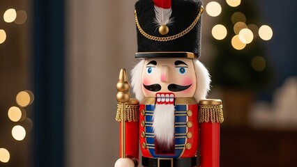 Close up of a traditional wooden nutcracker soldier decoration with festive bokeh lights creating a magical holiday atmosphere