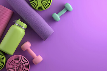 Dumbbells, mats and water bottle in flat lay composition