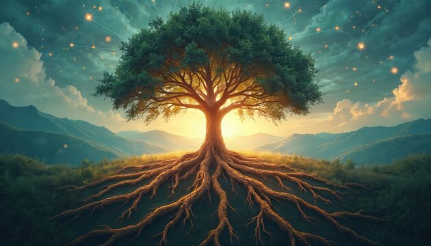 Large tree with strong visible roots spreads across landscape. Sky has glowing connections between stars, showing natural growth and network. Sun sets behind mountains.
