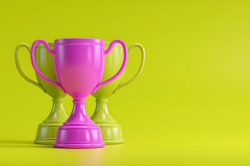 Pink and green cartoon trophies side by side