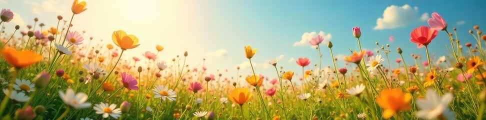 Obraz premium A gentle springtime breeze dances through a field of wildflowers, bending delicate stems and causing petals to flutter The sun shines brightly, illuminating the vibrant scene , air, grass