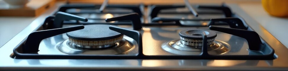 Obraz premium A gleaming stainless steel natural gas stovetop with black burner grates, ready for cooking Clean lines and modern design, perfect for a contemporary kitchen , heat, safety, natural gas