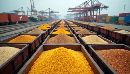 Rows of freight trains carry colorful heaps of assorted raw grains. Cranes load cargo onto ships at a foggy industrial port. Bulk commodities wait for global export.