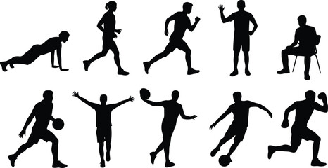 Silhouettes of men performing various athletic exercises and sports activities like running and playing basketball