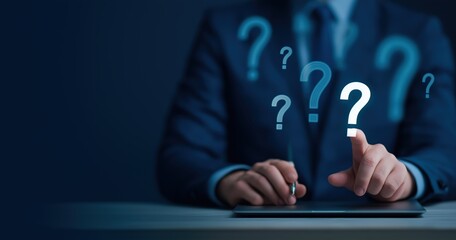 Businessman touching question mark icon on screen with finger in dark blue background for business decisions and problem solving concepts