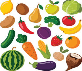 Collection of fresh, healthy, and colorful fruits, vegetables, and berries, flat food icons, organic produce set
