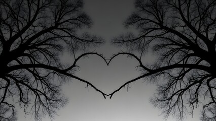 Bare tree branches form a natural heart shape in a monochrome winter landscape