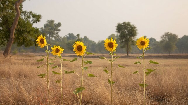 capitulate. Sunflowers swaying in a field during golden hour, nature scene. gardening catalogs, home-decor guides, designed for home decor and floral branding and gardening and botanical catalogs.