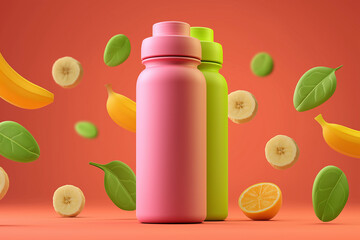 Two colorful bottles with fruits and spinach leaves