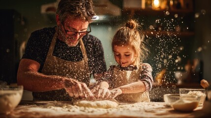 Grandfather and Granddaughter Baking Together in a Cozy Kitchen