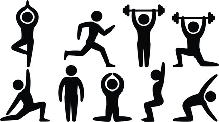 These black human silhouettes perform a variety of exercise poses including running, yoga, and weightlifting