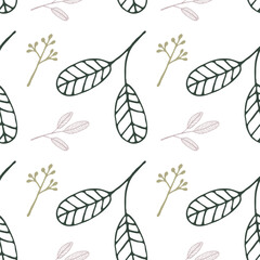 Lush botanical field with varied leaf shapes and wintry berries for interior walls, wrapper.