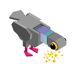 Isometric  pigeon pecking at bread crumbs. Modern perspective design for city, urban, and simple animal scenes.