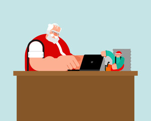 Santa Claus working remotely on a laptop at his office desk. Modern holiday work-life balance and e-commerce vector concept.