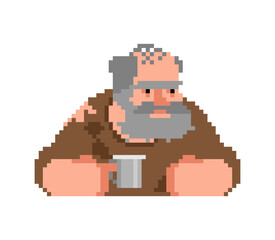 Pixel art homeless man with a large beard and worn clothing. Retro 8-bit character asset for urban life or survival games.