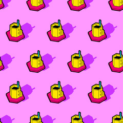 Seamless pop art pattern featuring coffee cups and steam with bold lines and vibrant colors. Retro aesthetic background for cafe and food themes.
