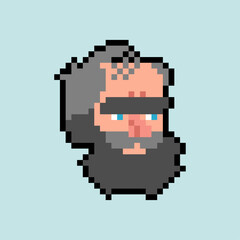 Pixel art portrait of a homeless man with a large beard and messy hair. Retro 8-bit avatar for social issues or urban games.