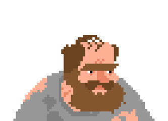 Pixel art portrait of a homeless man with a beard and tired expression. Retro 8-bit avatar for social issues or character design.