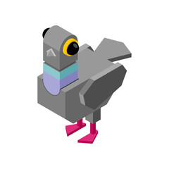 isometric of a pigeon in flight with pink feet. Modern perspective design for city and nature scenes.