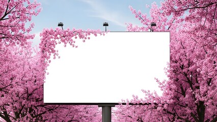 Blank billboard surrounded by vibrant pink cherry blossoms in springtime bloom